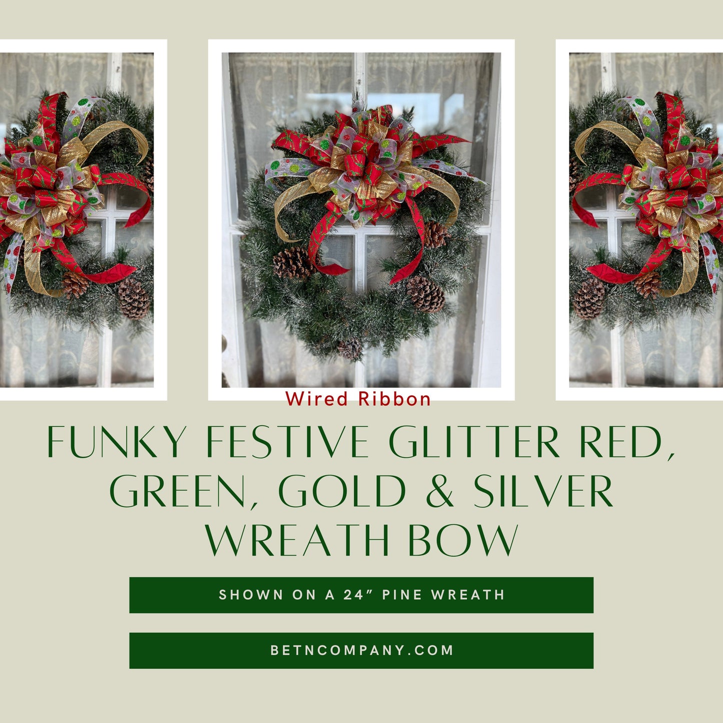 Funky Festive Red Green Gold and Silver Christmas Wreath Bow Christmas Wedding Bows Lots of Glitter