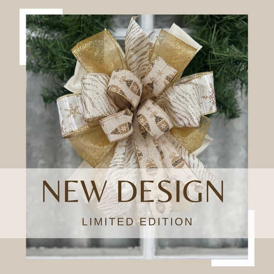 Christmas Bow Ivory & Gold Glitter Cheetah Ornaments Bow Gold Christmas Bow for Wreath