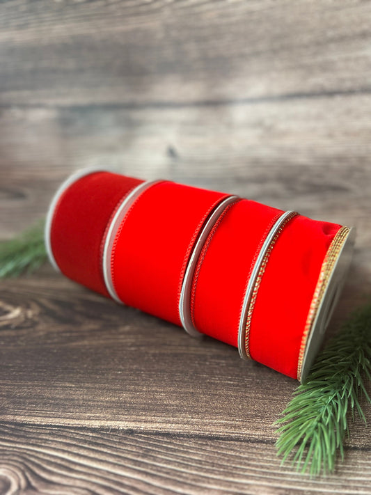 Christmas Wreath Ribbon INDOOR OUTDOOR Red Velvet Ribbon for Christmas Tree Wired Edge 10 yards