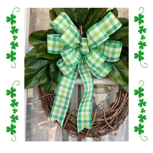St Patrick’s Day Bow Green and White Plaid Bow for Front Door Decor