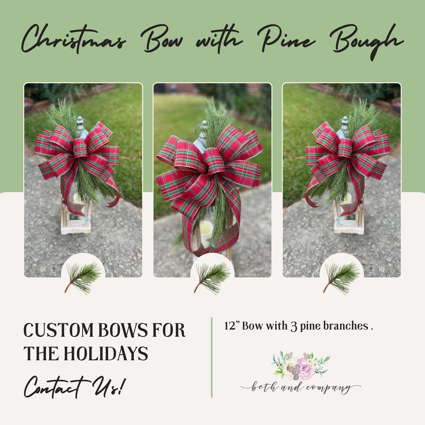Christmas Bow Christmas Tartan Plaid Bow with Pine Branch Red Christmas Bow for Front Door Lantern Swag