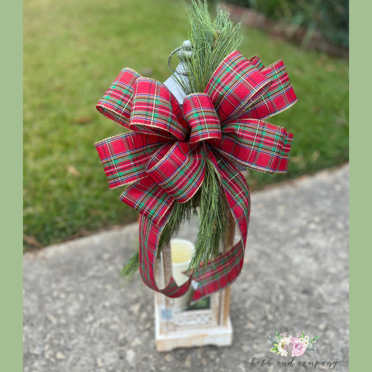 Christmas Bow Christmas Tartan Plaid Bow with Pine Branch Red Christmas Bow for Front Door Lantern Swag