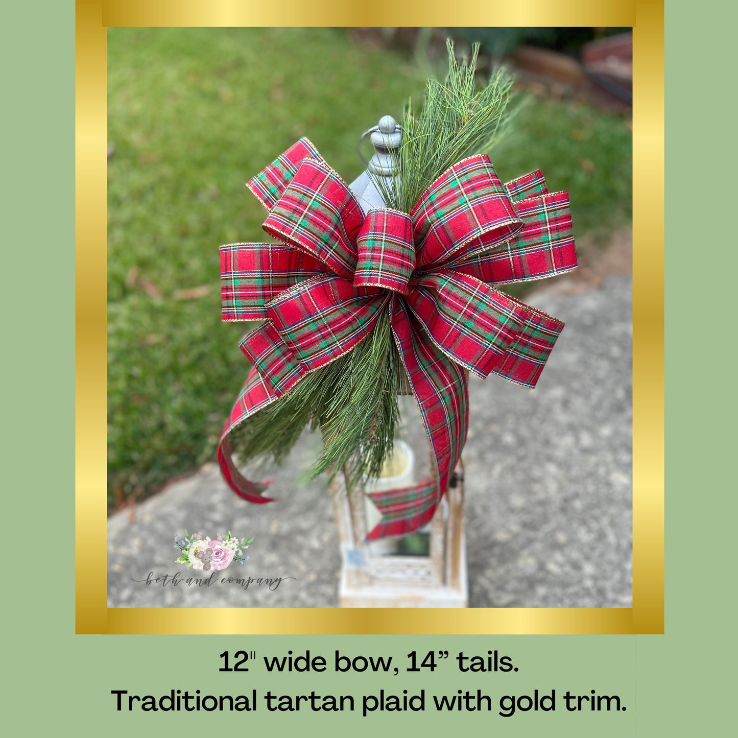 Christmas Bow Christmas Tartan Plaid Bow with Pine Branch Red Christmas Bow for Front Door Lantern Swag