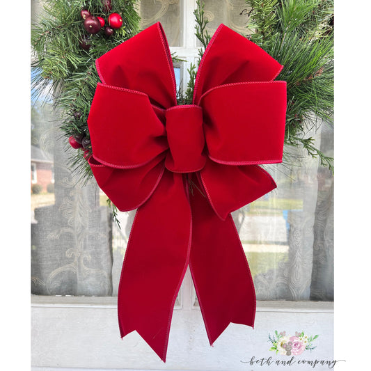 INDOOR or OUTDOOR Grand Red Velvet Christmas Bow Front Porch Decor 4" width wired velvet ribbon No Liner Outside Christmas Bows