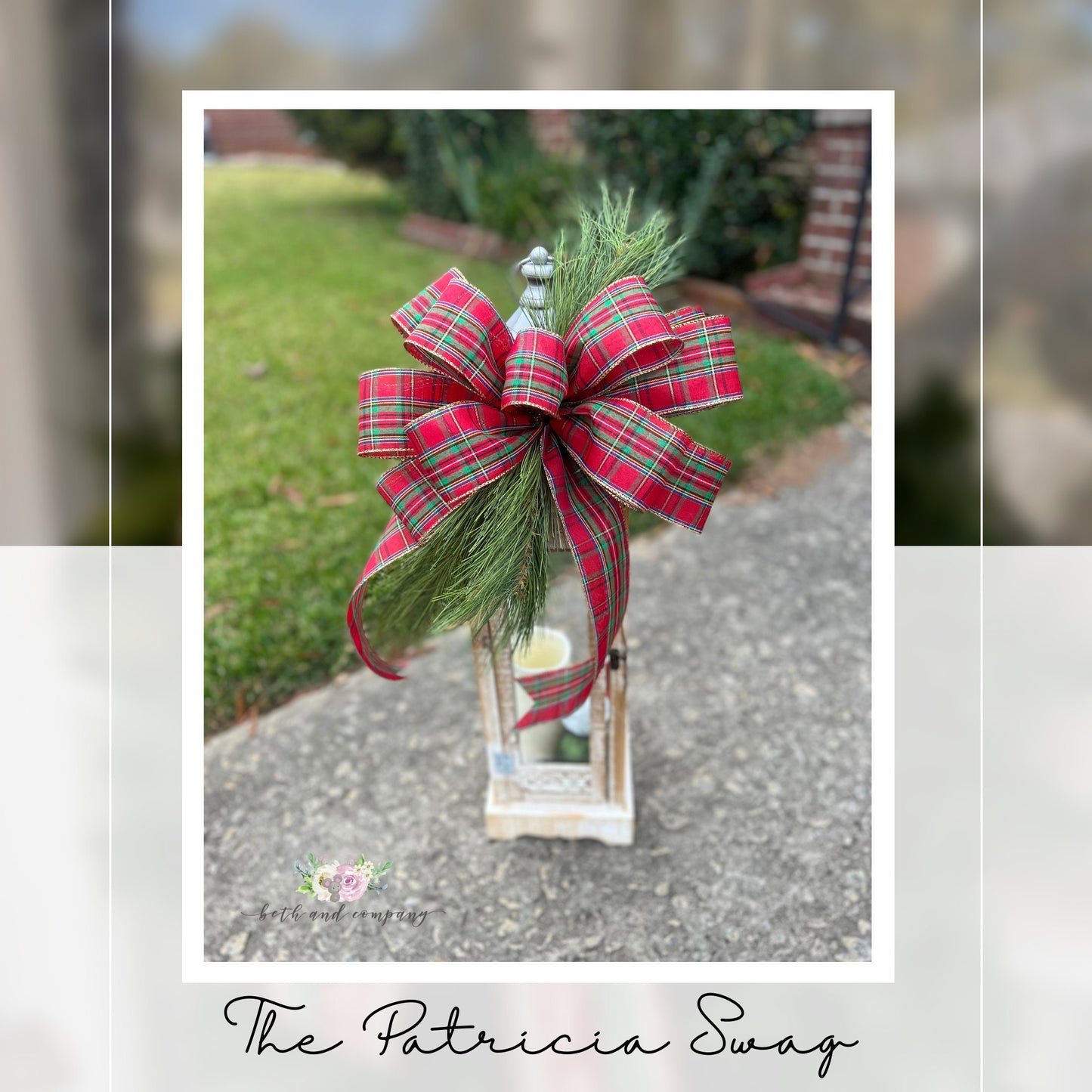 Christmas Bow Christmas Tartan Plaid Bow with Pine Branch Red Christmas Bow for Front Door Lantern Swag