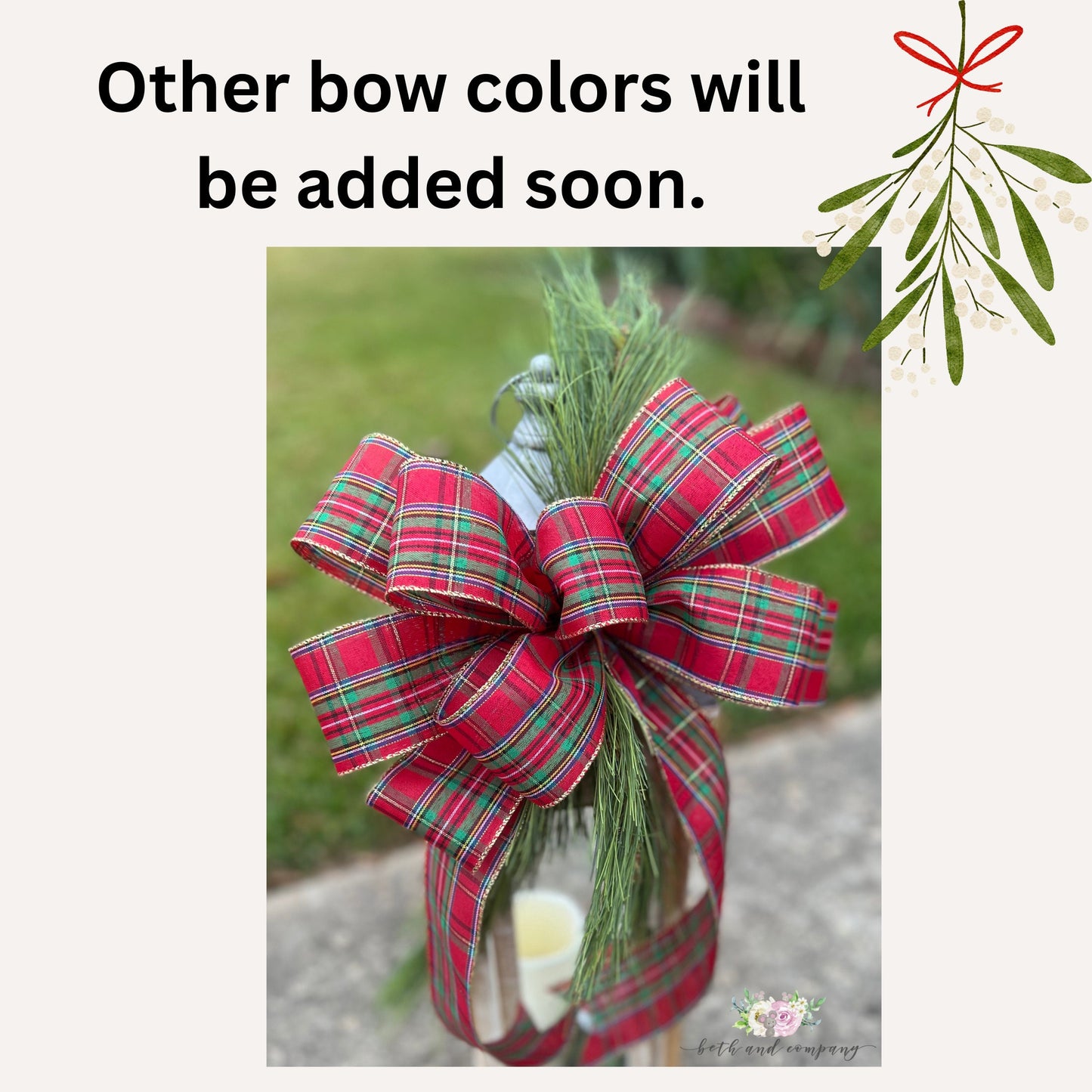 Christmas Bow Christmas Tartan Plaid Bow with Pine Branch Red Christmas Bow for Front Door Lantern Swag