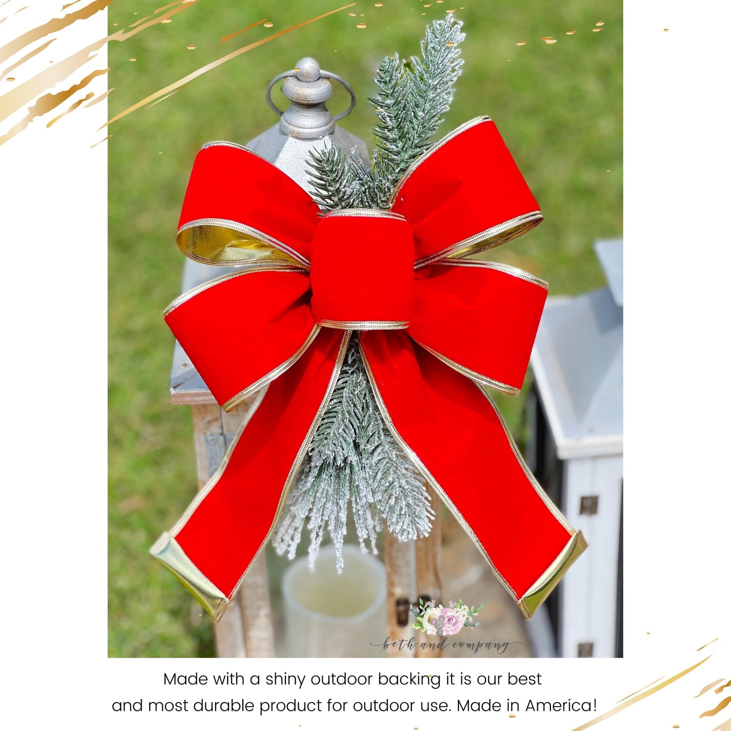 Christmas Bow OUTDOOR Red Velvet Bow Gold Poly Liner Outdoor Christmas Decor Lantern Bow