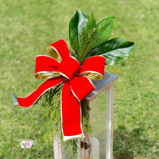Christmas Bow OUTDOOR Red Velvet Bow Gold Poly Liner Outdoor Christmas Decor Lantern Bow
