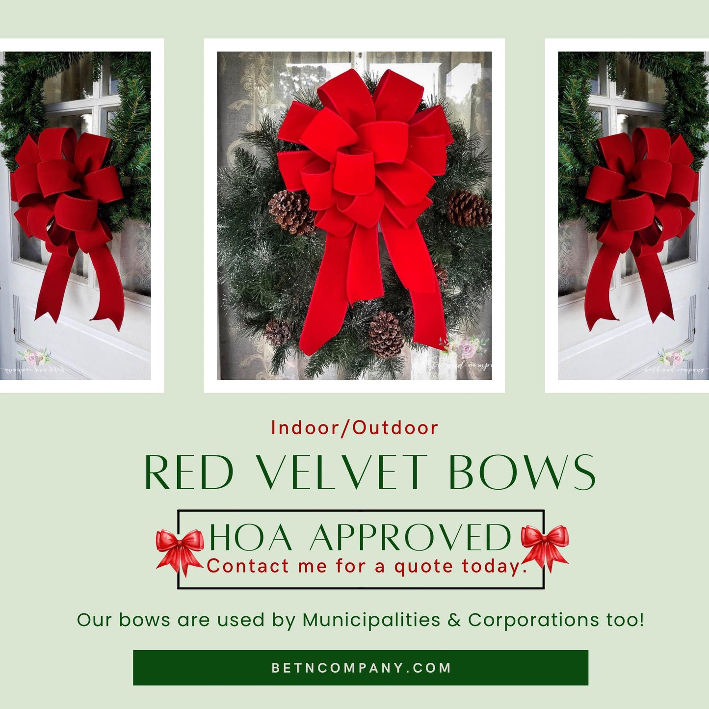 Red Christmas Bow OUTDOOR Red Velvet Christmas wreath bow  Weatherproof Christmas Bow 2.5" width wired red velvet