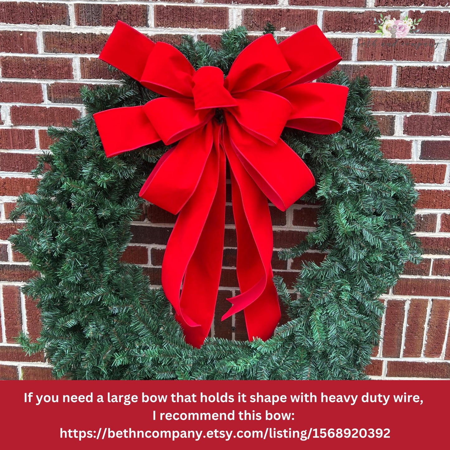 Large OUTDOOR Red Velvet Christmas Wreath Bow for 5’-6’ Wreath 4” wide ribbon Red Outside Christmas Bow