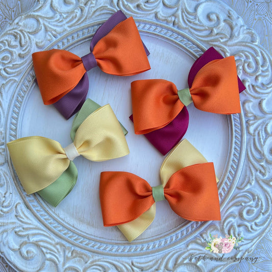 5 Inch Hair Bows Hair Bows for Girls Hair Accessories Two Colors Stacked Grosgrain Hairbows for Toddlers Hairbows for Fall Made in America