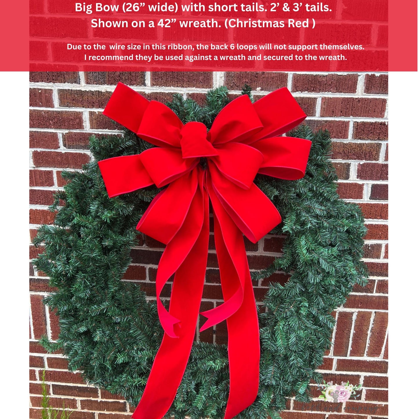 Large OUTDOOR Red Velvet Christmas Wreath Bow for 5’-6’ Wreath 4” wide ribbon Red Outside Christmas Bow