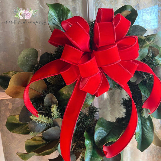 OUTDOOR 10 Inch Red Velvet Christmas wreath bow Narrow Velvet bow with plastic liner Excellant Quality Red Christmas Bow
