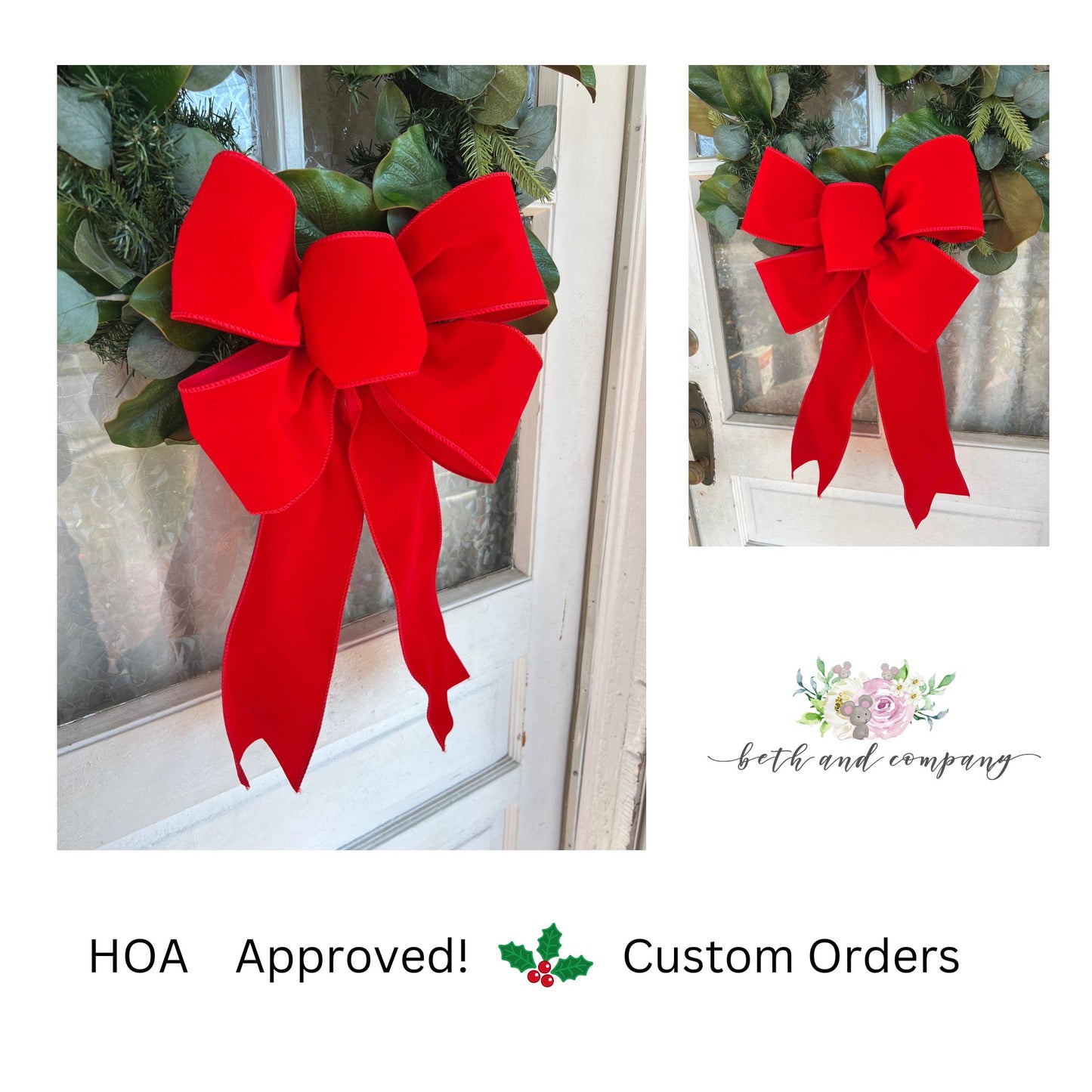 Large Christmas Bow 5 Loop Red Velvet Bow with Long Tails for Wreaths Trees Lamppost Mailbox INDOOR OUTDOOR