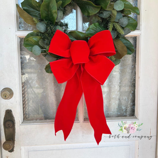 Large Christmas Bow 5 Loop Red Velvet Bow with Long Tails for Wreaths Trees Lamppost Mailbox INDOOR OUTDOOR