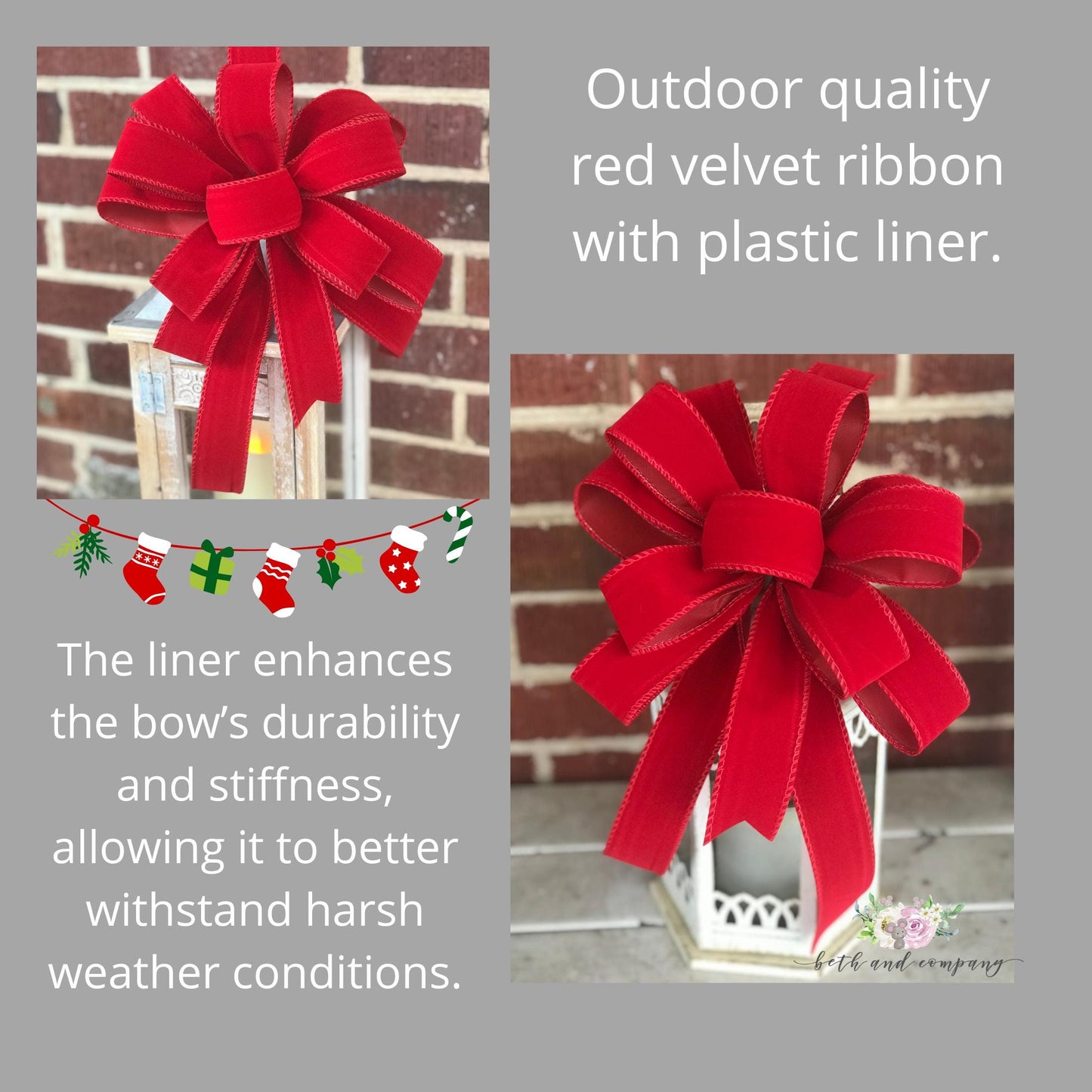 OUTDOOR Red Velvet Christmas Lantern bow red velvet bow with and without plastic liner