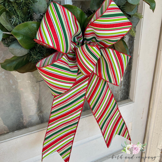 Christmas Bow 15inch Loop Festive Glitter Diagonal Stripe Bow with Long Tails for Wreaths Trees Lamppost Mailbox