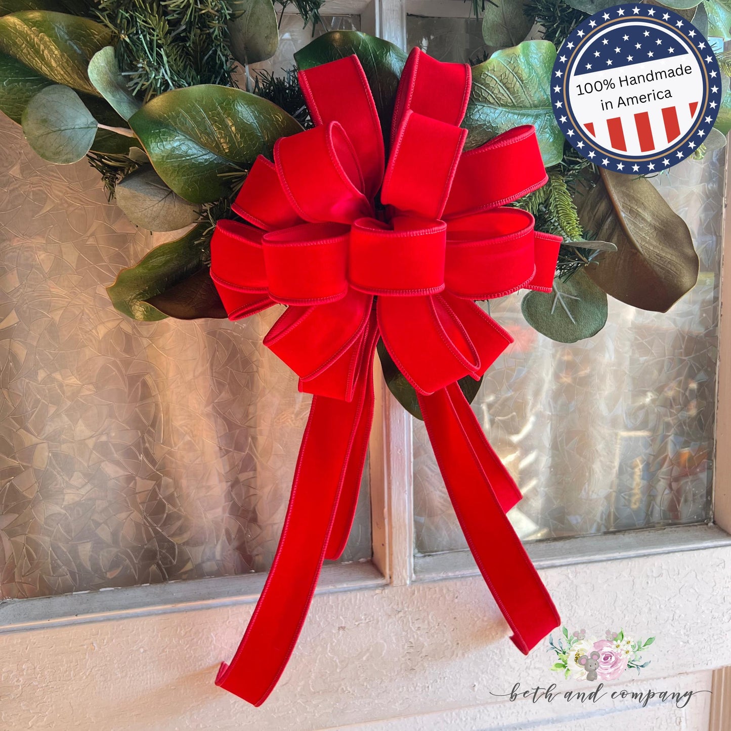 OUTDOOR 10 Inch Red Velvet Christmas wreath bow Narrow Velvet bow with plastic liner Excellant Quality Red Christmas Bow