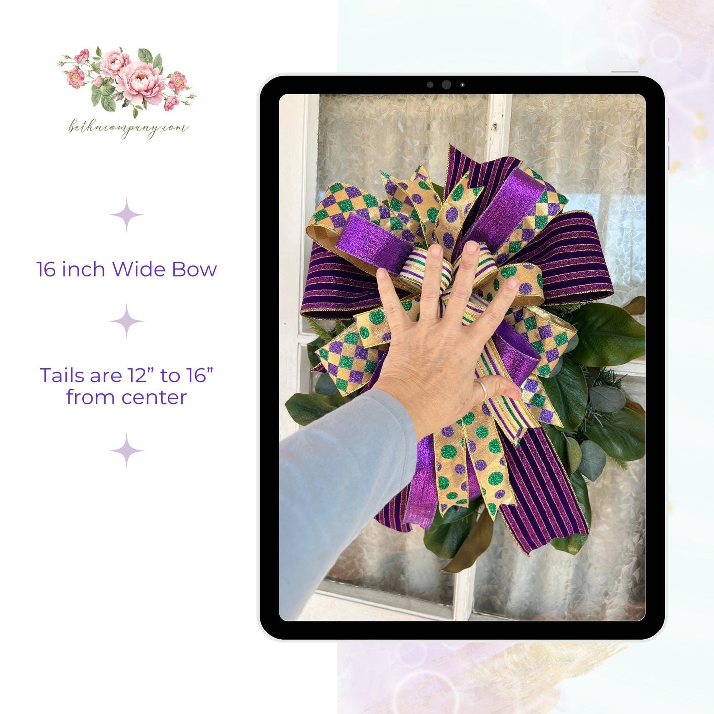 Mardi Gras Bow for wreath Large Mardi Gras Bow front door decor