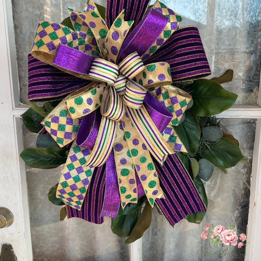 Mardi Gras Bow for wreath Large Mardi Gras Bow front door decor