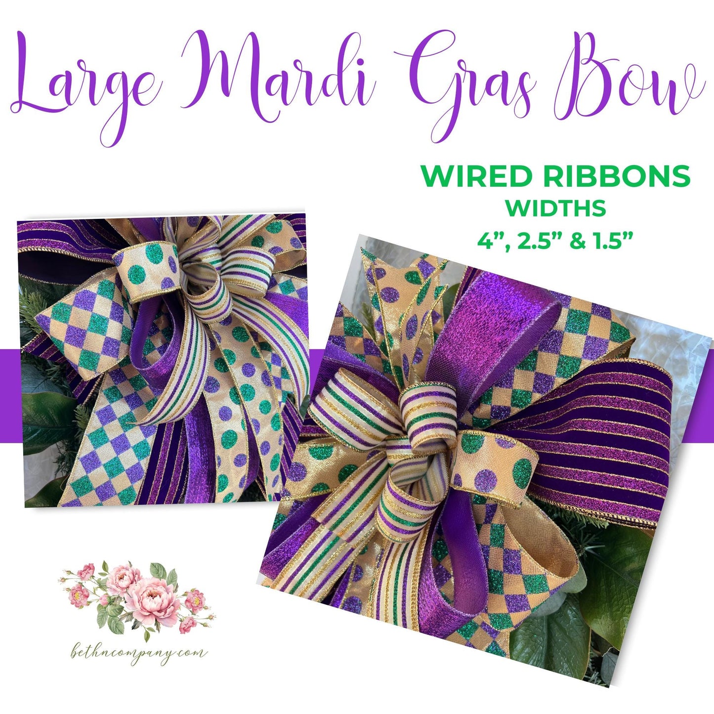 Mardi Gras Bow for wreath Large Mardi Gras Bow front door decor