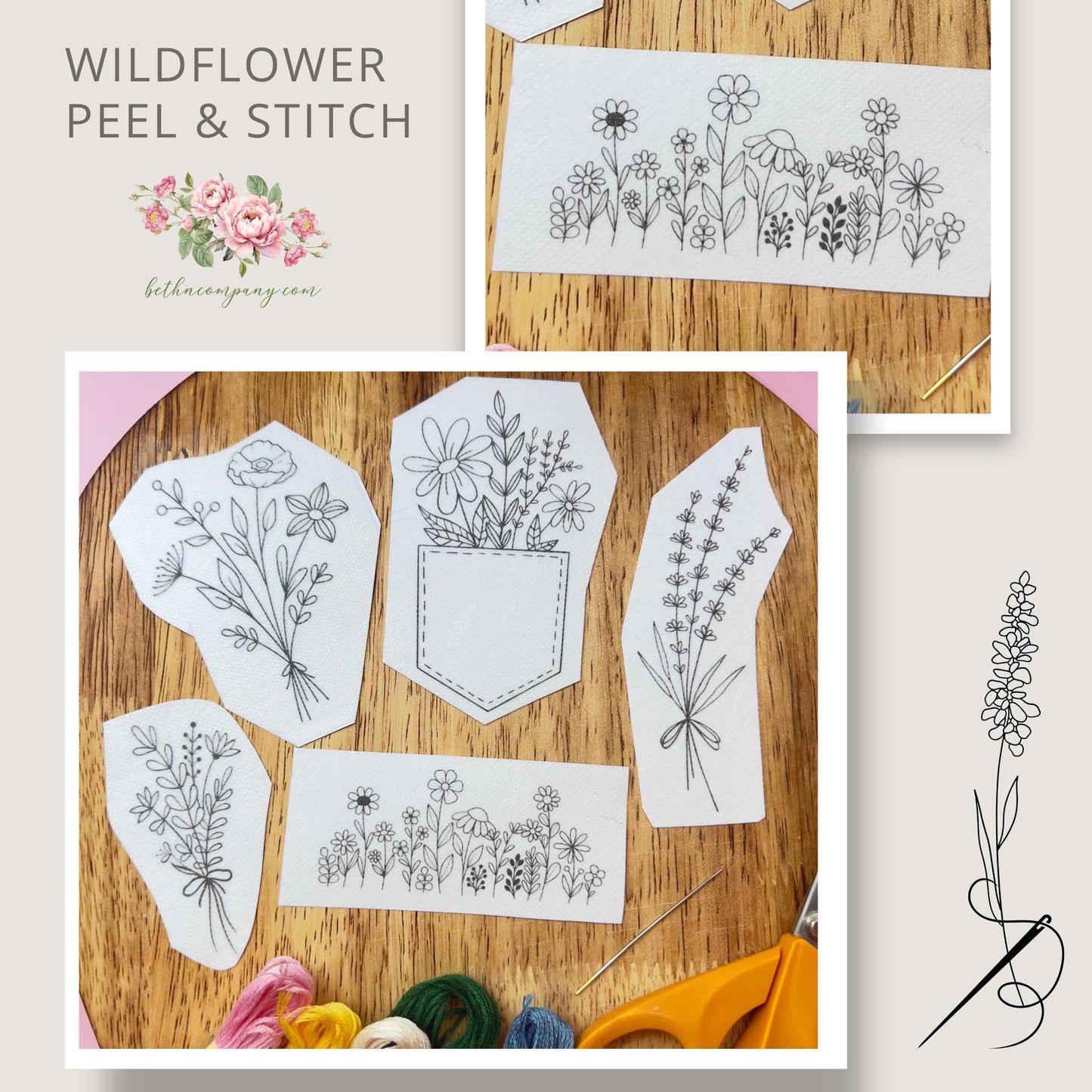 WildFlower Embroidery Stick & Stitch Embroidery Flower Patterns Hand Embroidered Template Peel and Stitch Pattern Set of 5