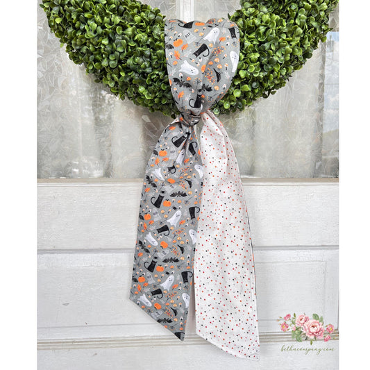 Halloween Wreath Sash Reversible Cats Bats Ghosts Mushrooms Design Gray Cotton Door Decor Bootiful Dot Backing  Handmade  Ready to Ship