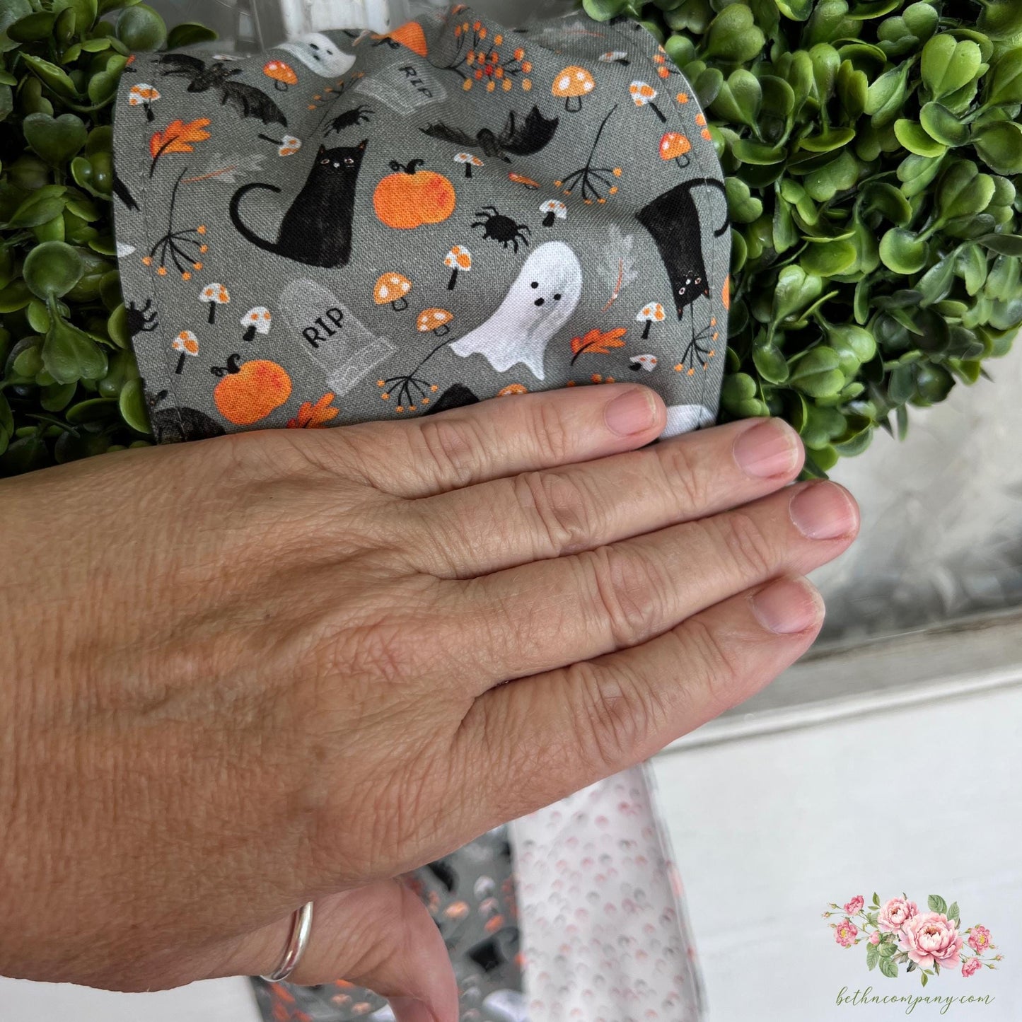 Halloween Wreath Sash Reversible Cats Bats Ghosts Mushrooms Design Gray Cotton Door Decor Bootiful Dot Backing  Handmade  Ready to Ship