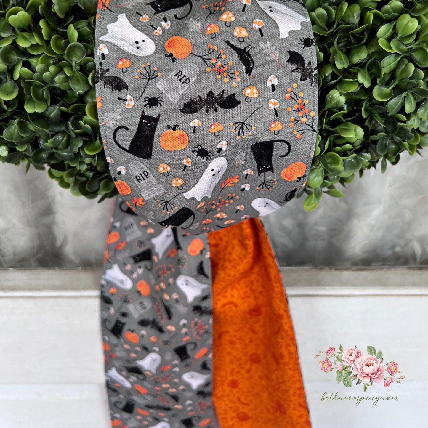 Halloween Wreath Sash Reversible Cats Bats Ghosts Mushrooms Design Gray Cotton Door Decor Orange Pumpkin Backing  Handmade  Ready to Ship