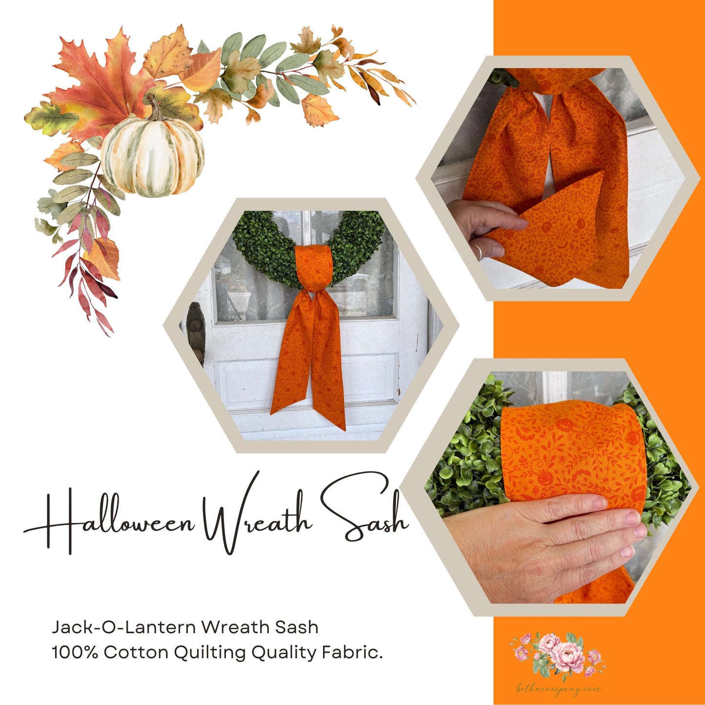 Halloween Wreath Sash Orange Jack O Lantern Fabric Wreath Sash Pumpkin Front Door Decor Cotton Wreath Sash  Handmade  Ready to Ship