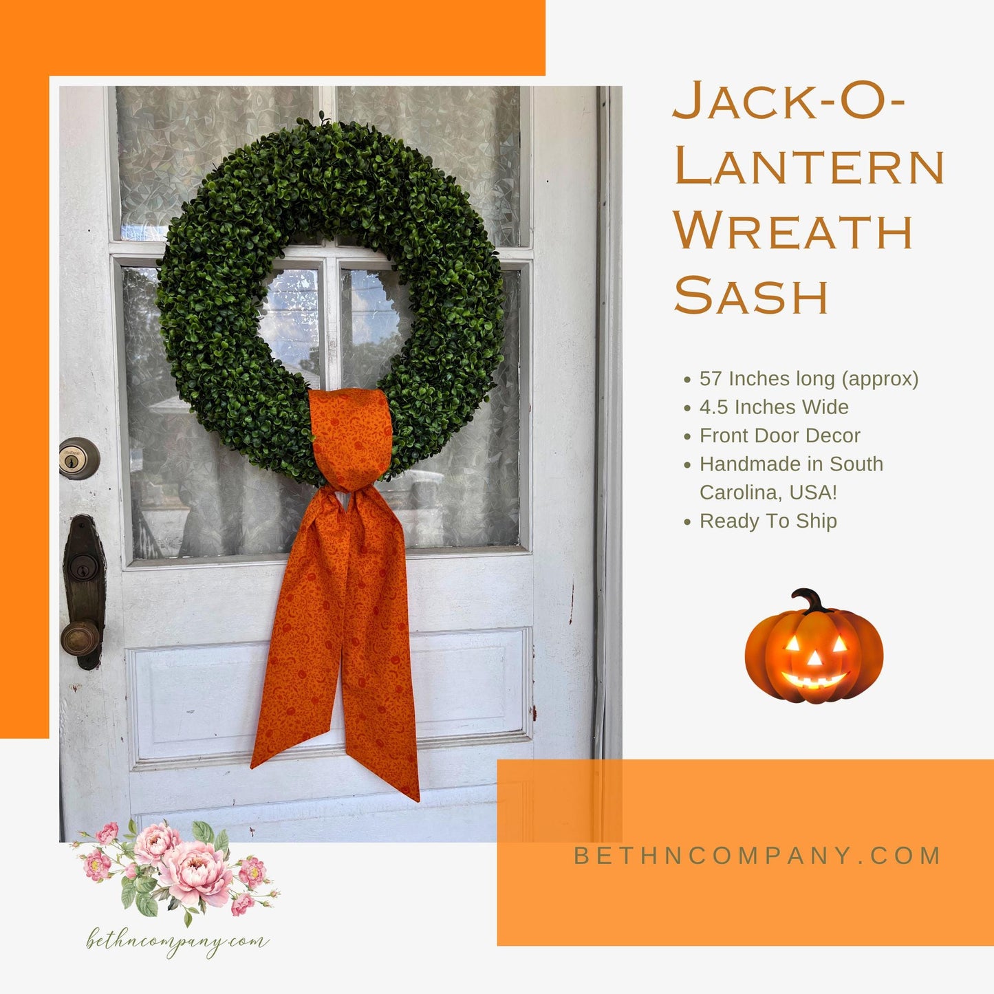 Halloween Wreath Sash Orange Jack O Lantern Fabric Wreath Sash Pumpkin Front Door Decor Cotton Wreath Sash  Handmade  Ready to Ship