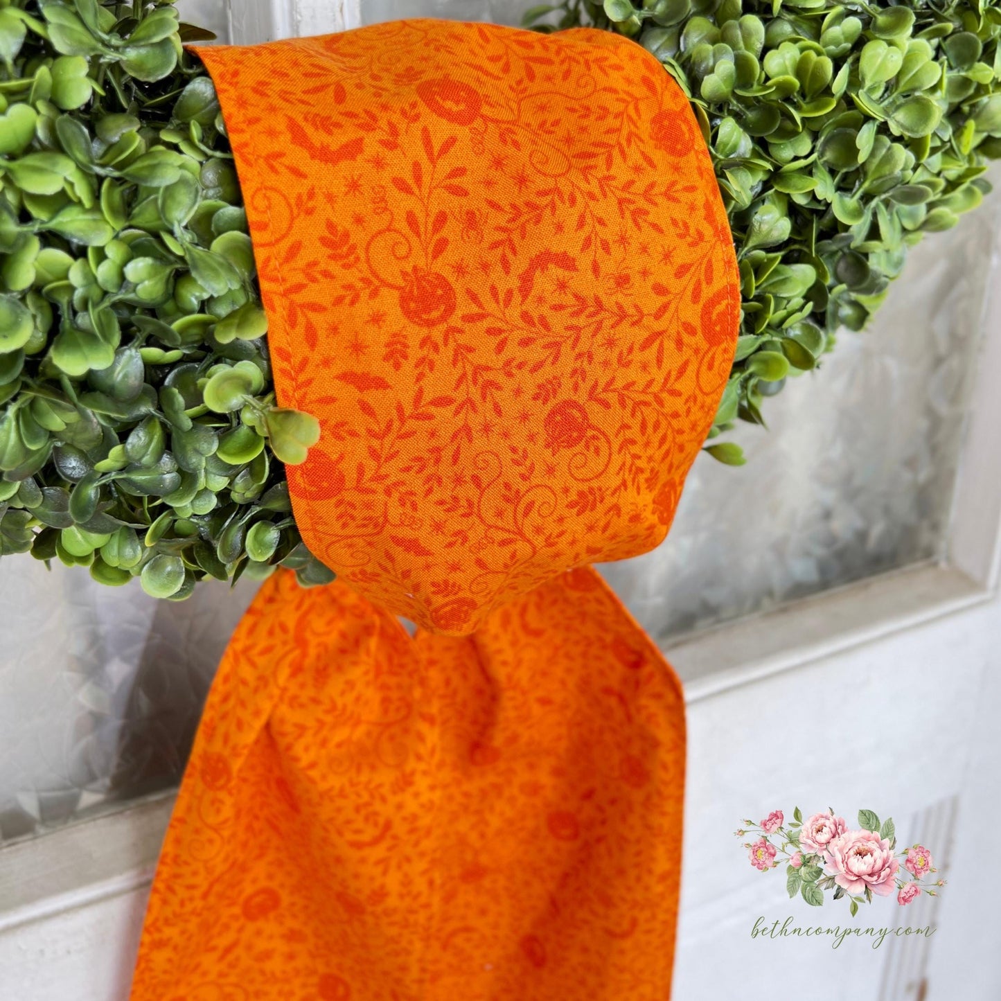 Halloween Wreath Sash Orange Jack O Lantern Fabric Wreath Sash Pumpkin Front Door Decor Cotton Wreath Sash  Handmade  Ready to Ship