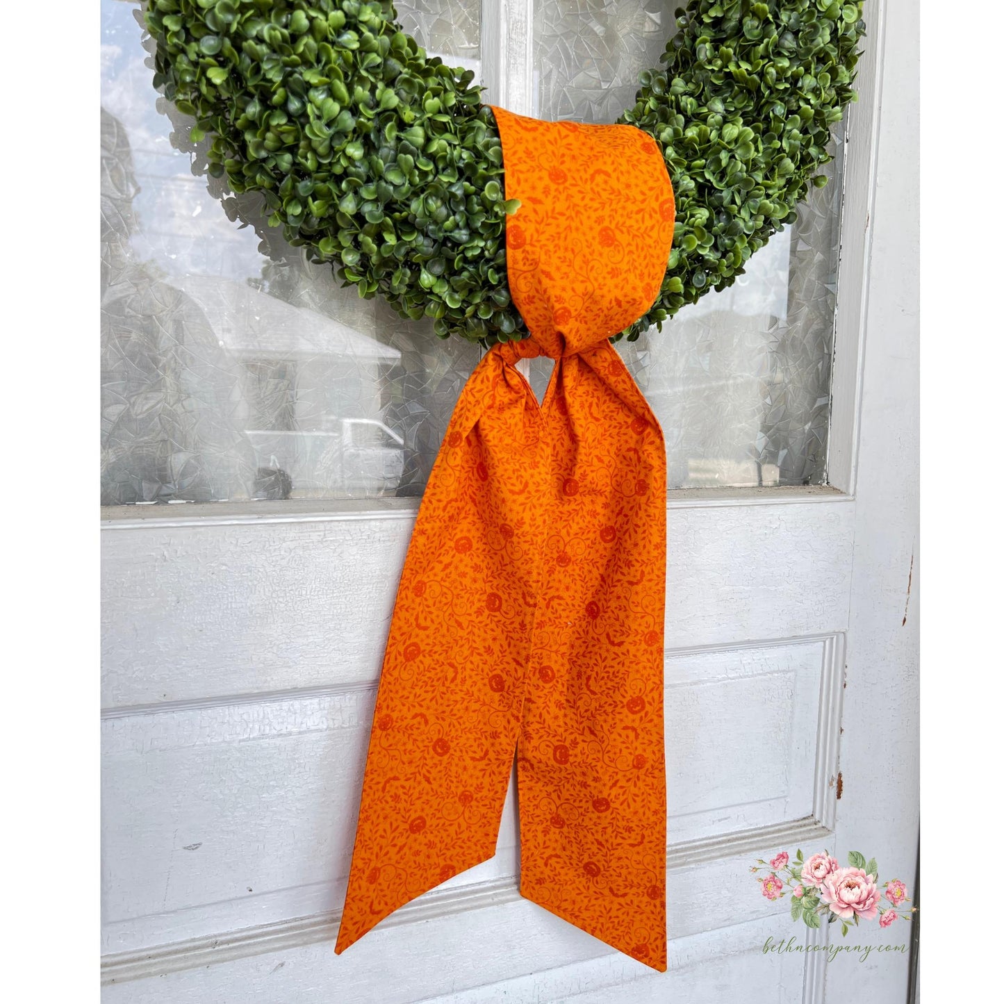 Halloween Wreath Sash Orange Jack O Lantern Fabric Wreath Sash Pumpkin Front Door Decor Cotton Wreath Sash  Handmade  Ready to Ship