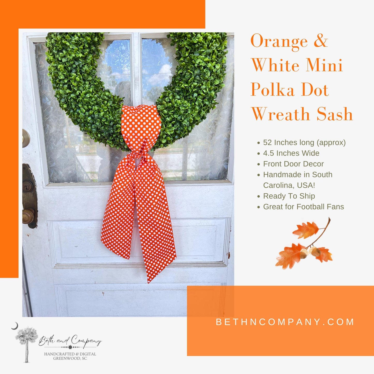 Orange Fall Wreath Sash Orange & White Polka Dot Wreath Decor Front Door Decor Wreath Sash Handmade Fabric Sash Team Decoration