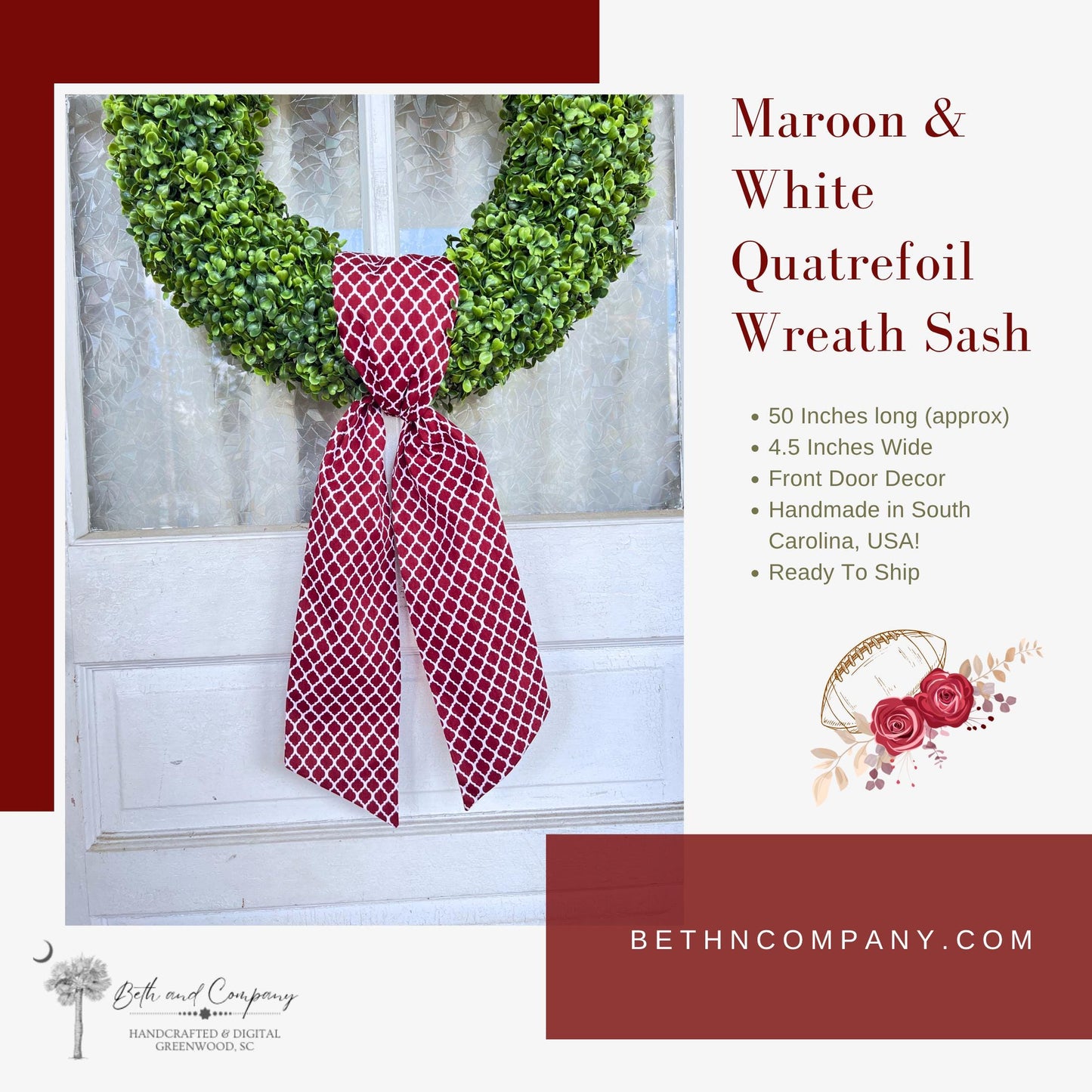 Maroon Wreath Sash Maroon & White Quatrefoil Wreath Front Door Decor Wreath Sash Handmade Fabric Sash Team Decoration Grand Millennial Style