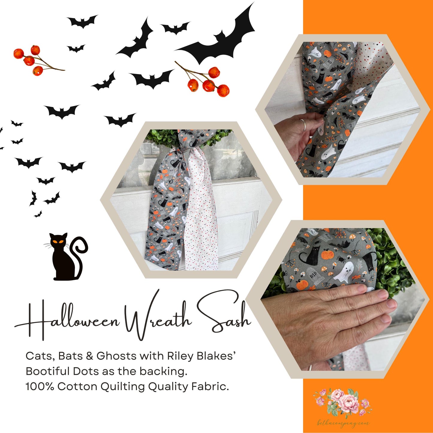 Halloween Wreath Sash Reversible Cats Bats Ghosts Mushrooms Design Gray Cotton Door Decor Bootiful Dot Backing  Handmade  Ready to Ship