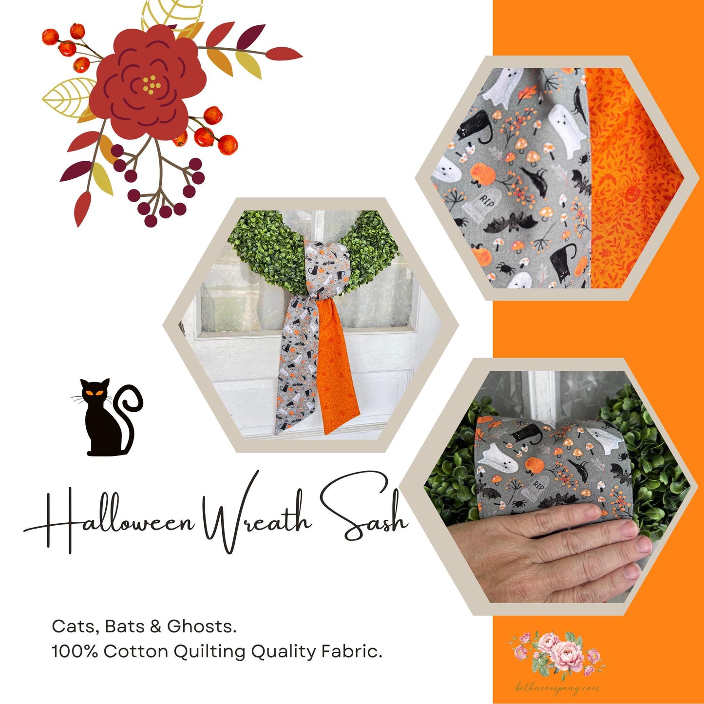 Halloween Wreath Sash Reversible Cats Bats Ghosts Mushrooms Design Gray Cotton Door Decor Orange Pumpkin Backing  Handmade  Ready to Ship