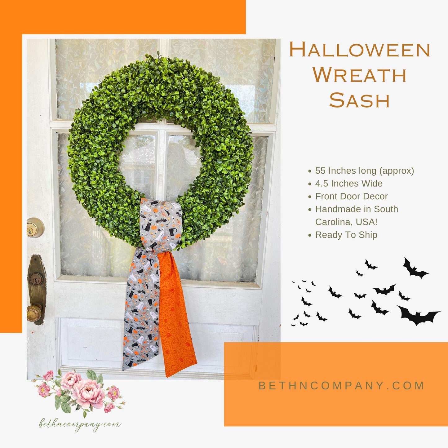 Halloween Wreath Sash Reversible Cats Bats Ghosts Mushrooms Design Gray Cotton Door Decor Orange Pumpkin Backing  Handmade  Ready to Ship