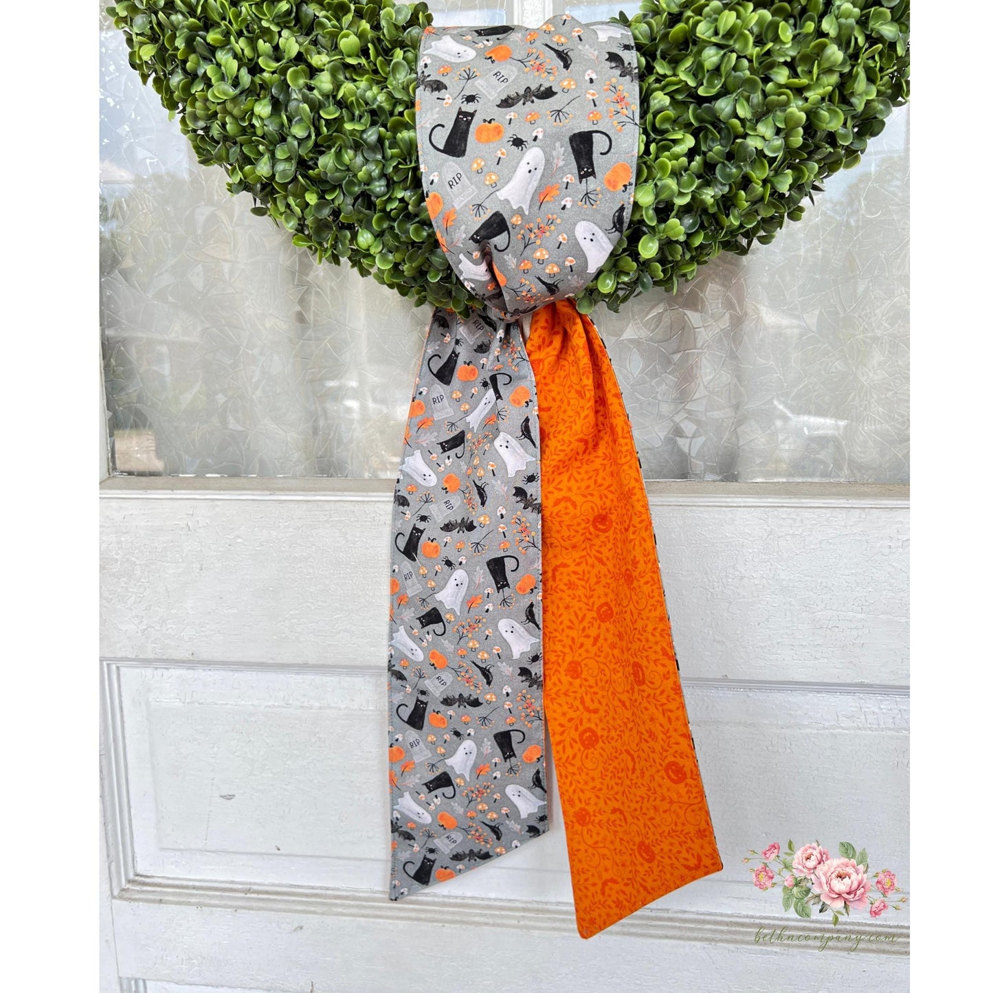 Halloween Wreath Sash Reversible Cats Bats Ghosts Mushrooms Design Gray Cotton Door Decor Orange Pumpkin Backing  Handmade  Ready to Ship