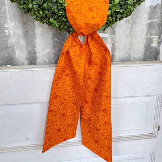 Halloween Wreath Sash Orange Jack O Lantern Fabric Wreath Sash Pumpkin Front Door Decor Cotton Wreath Sash  Handmade  Ready to Ship
