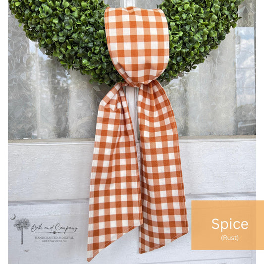 Fall Wreath Sash Pumpkin Spice Plaid Wreath Decor Buffalo Plaid Front Door Decor Burnt Orange Sash Fall Decoration Orange and White sash