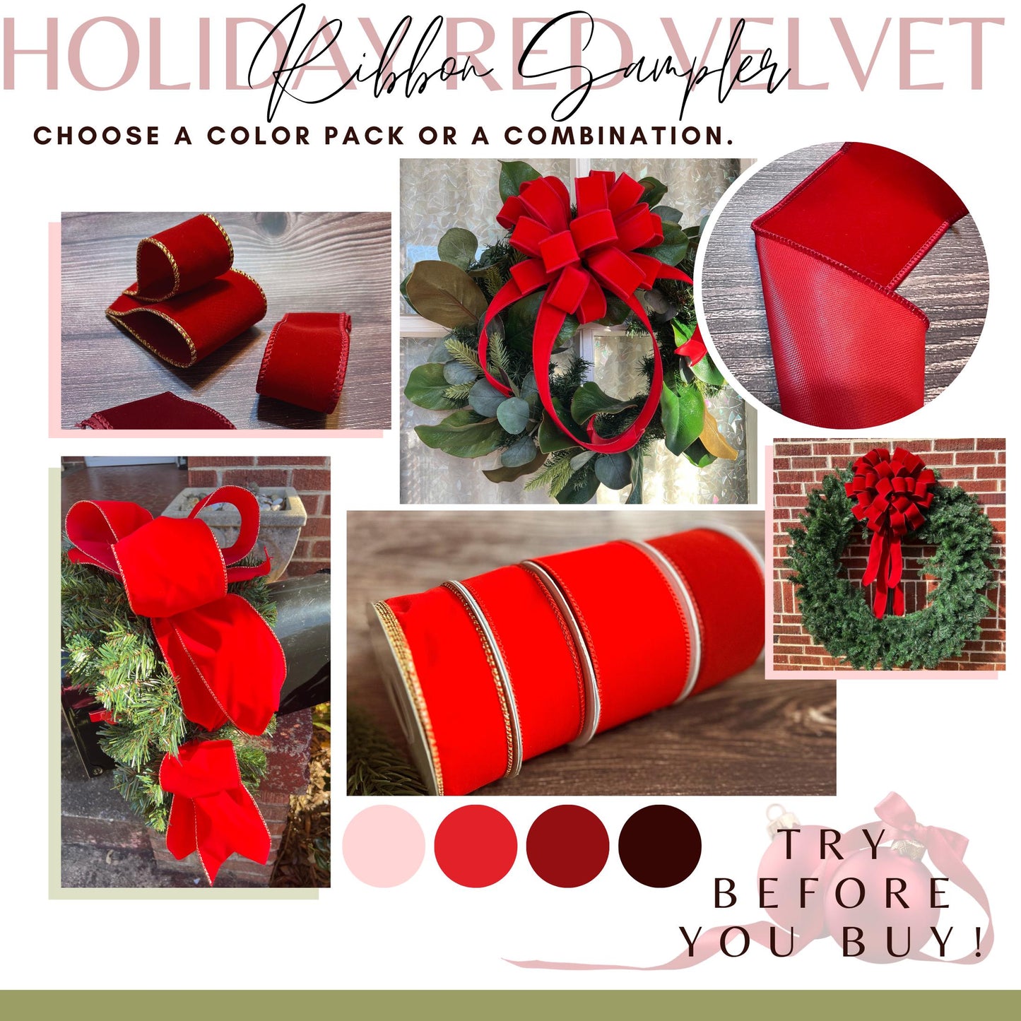 Premium Red Velvet Ribbon Samples – Choose Your Favorite Color or Conbination for Comparsion Wired Christmas Ribbon Swatches