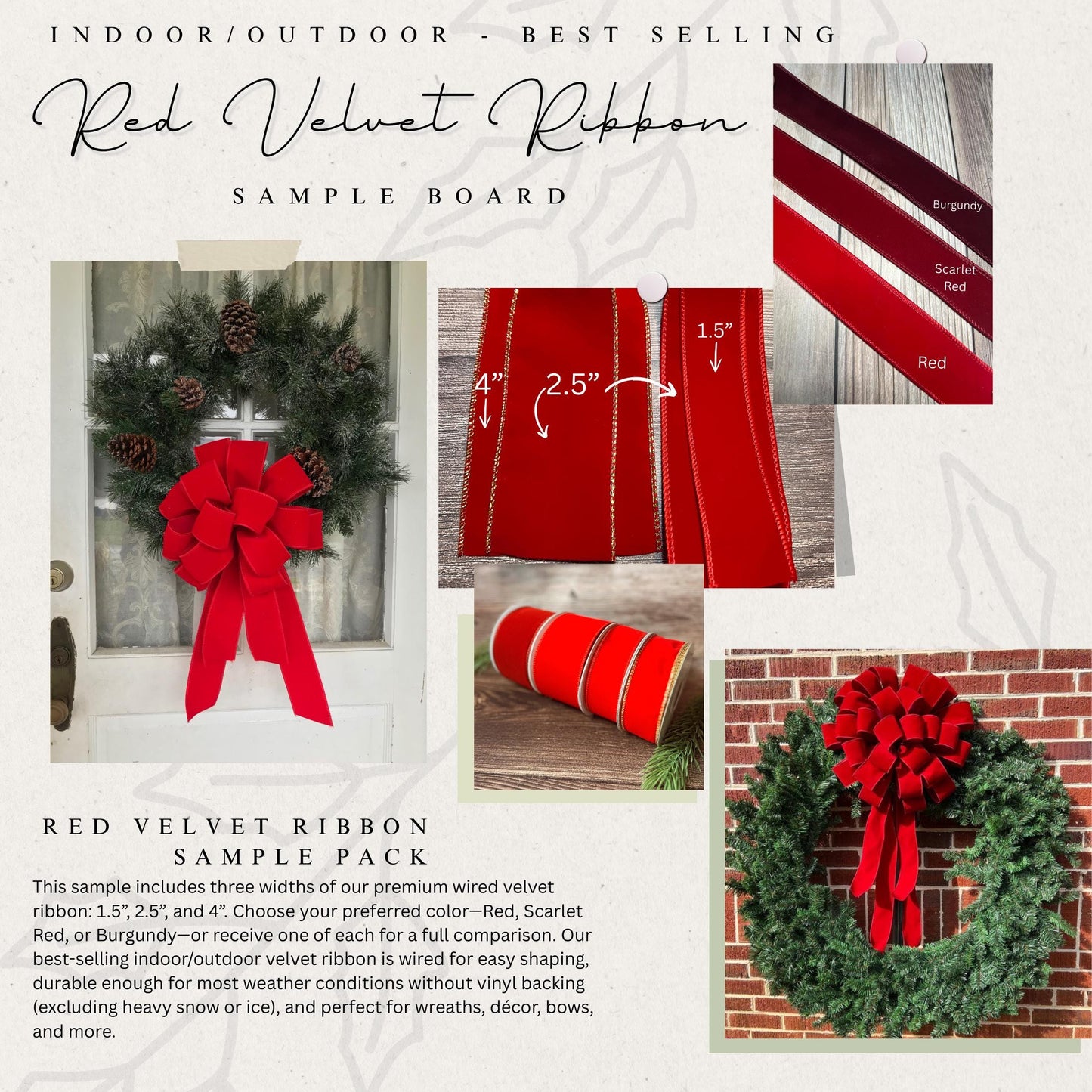 Premium Red Velvet Ribbon Samples – Choose Your Favorite Color or Conbination for Comparsion Wired Christmas Ribbon Swatches