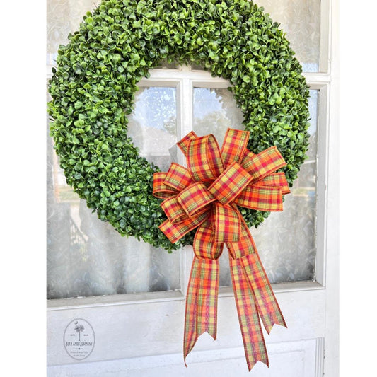 Fall Wreath Bow Autumn Decorations for Front Door Thanksgiving Decor Old School Plaid Bow 10 Inch Round Bow for Fall Orange Red Yellow Green