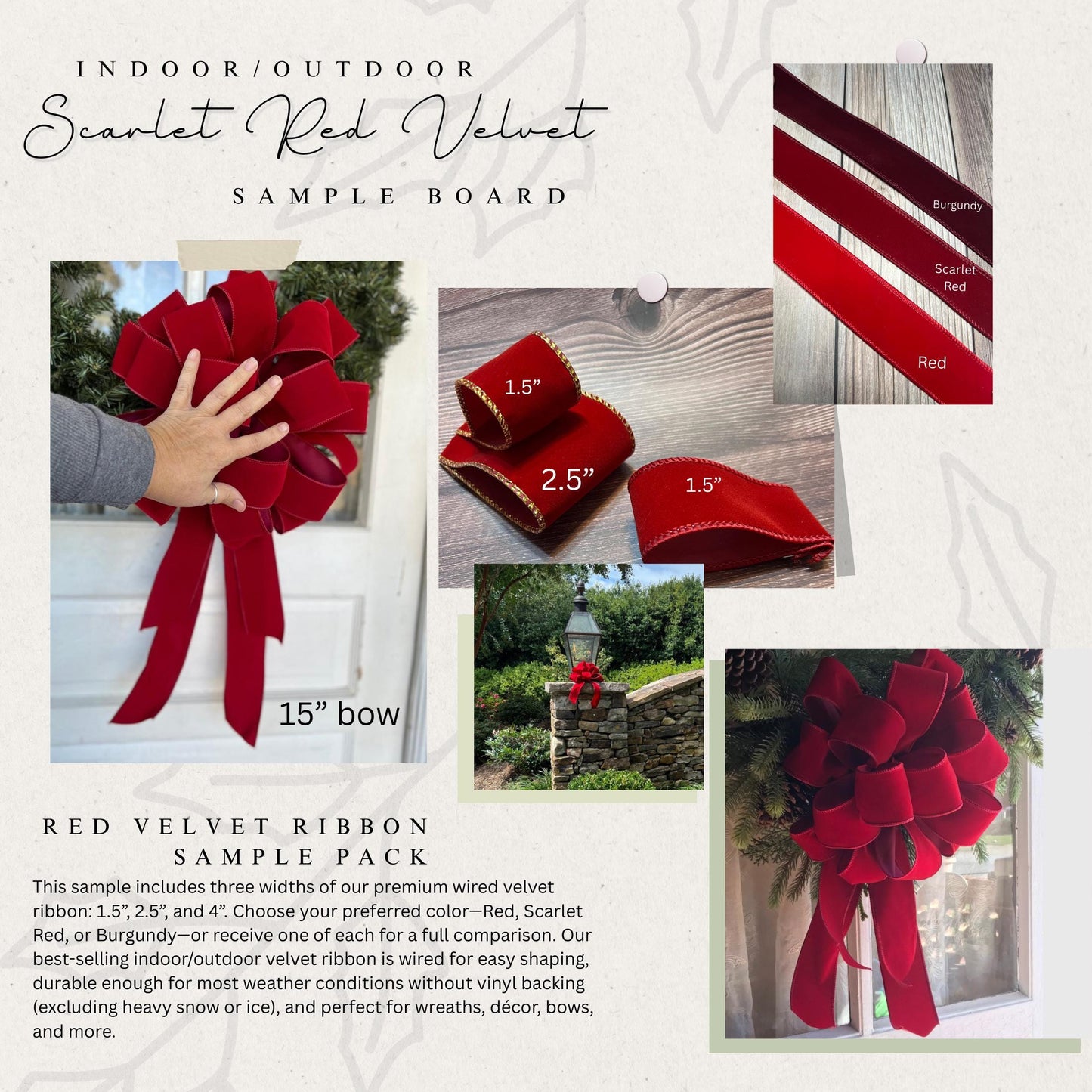 Premium Red Velvet Ribbon Samples – Choose Your Favorite Color or Conbination for Comparsion Wired Christmas Ribbon Swatches