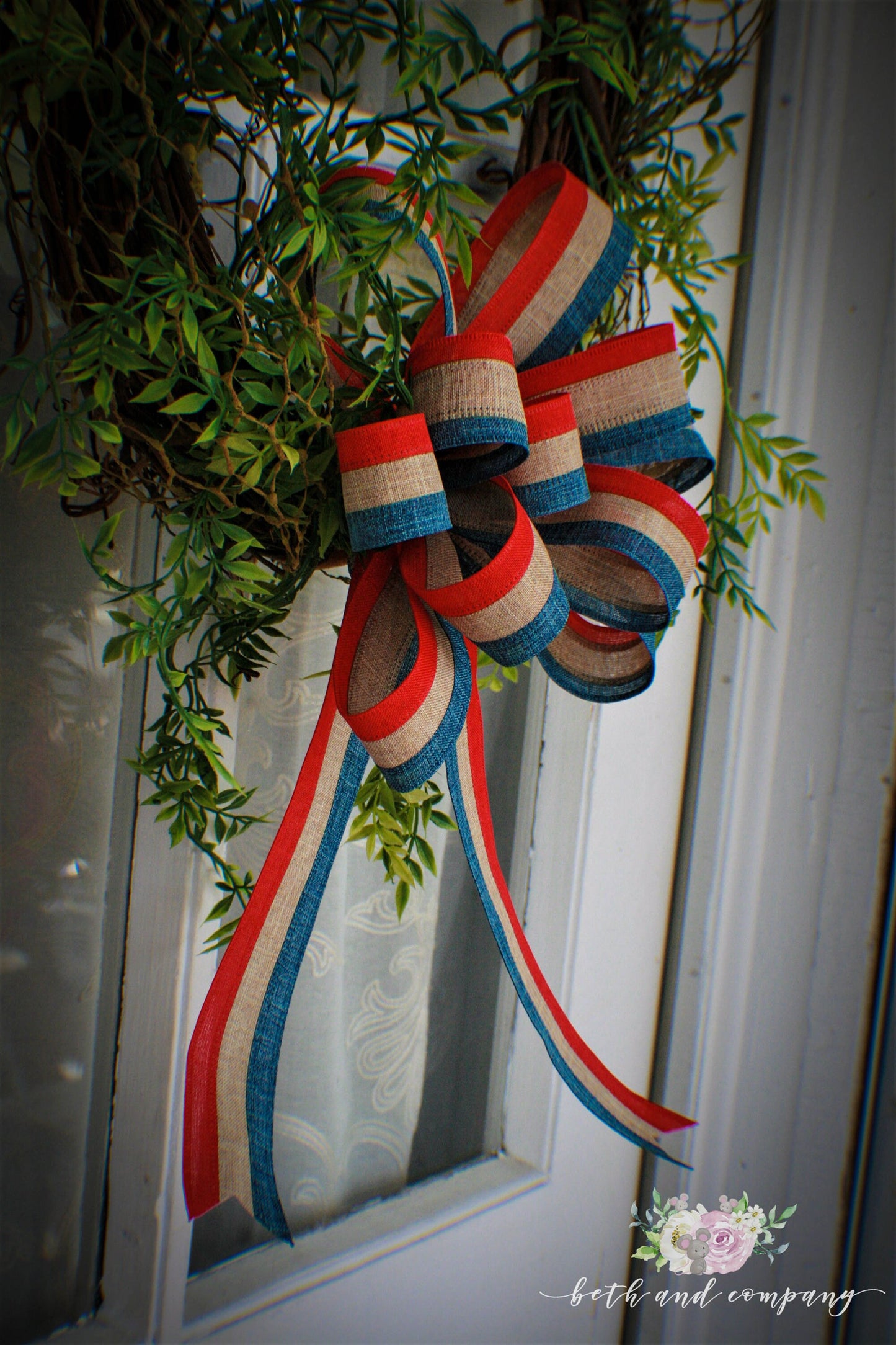 Patriotic Theme Linen Wreath Bow, Red Natural and Blue Wired Linen Wreath Bow, Linen Wreath Bow, Memorial Day Bow, Farmhouse Wreath Bow