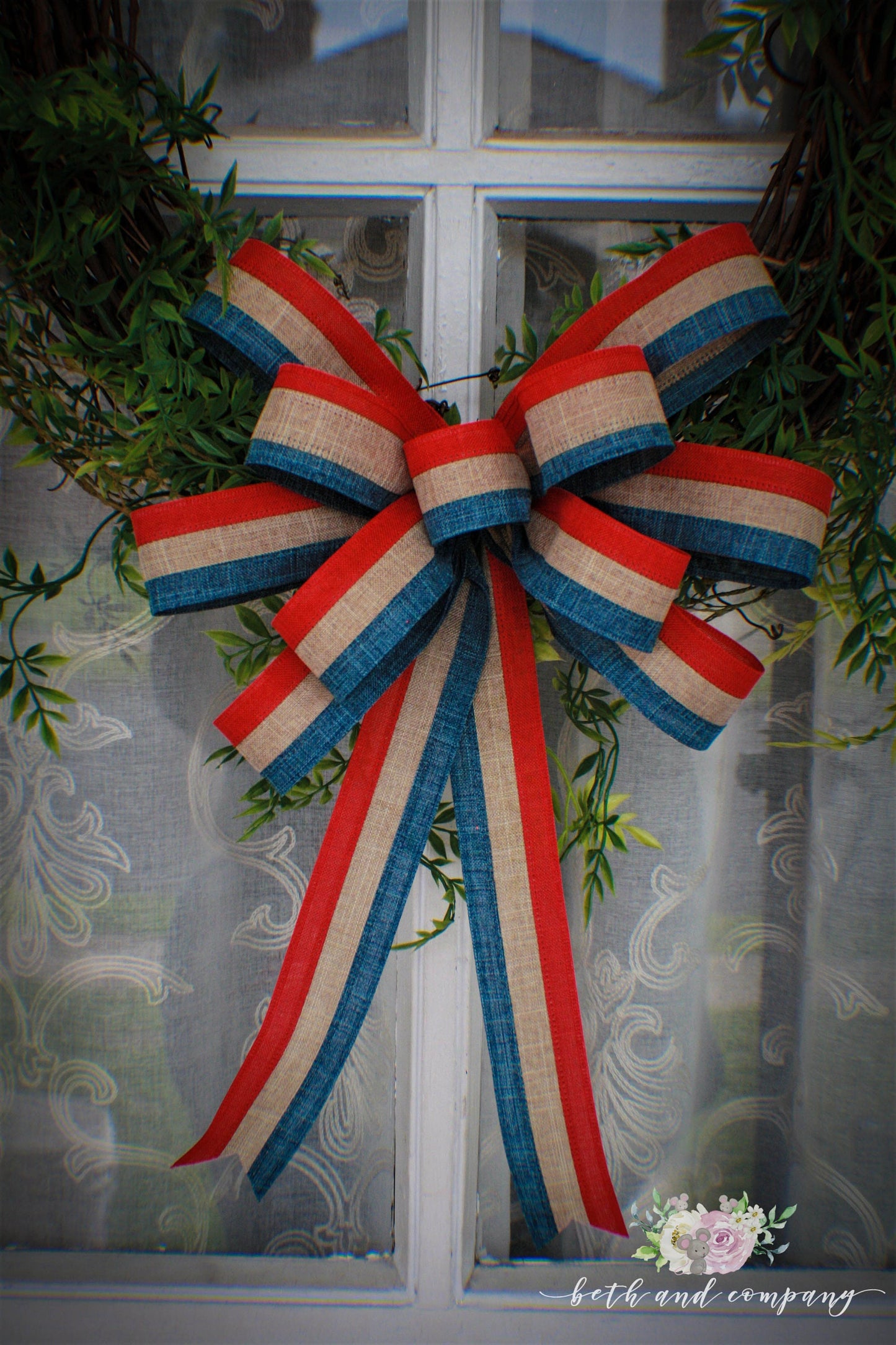 Patriotic Theme Linen Wreath Bow, Red Natural and Blue Wired Linen Wreath Bow, Linen Wreath Bow, Memorial Day Bow, Farmhouse Wreath Bow