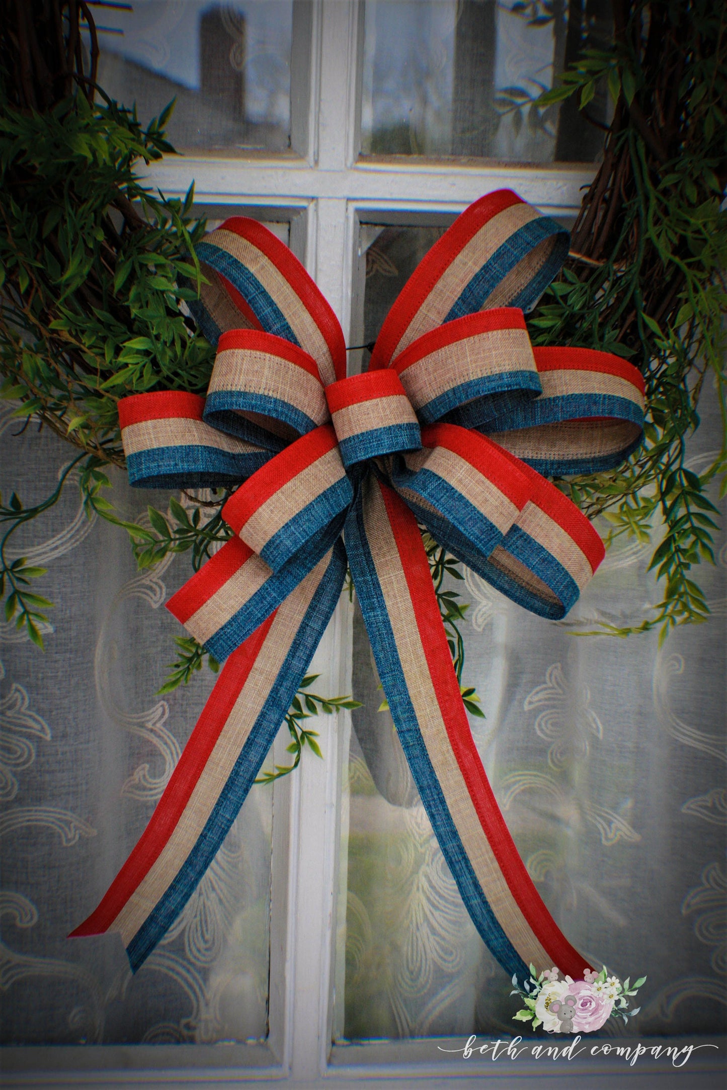 Patriotic Theme Linen Wreath Bow, Red Natural and Blue Wired Linen Wreath Bow, Linen Wreath Bow, Memorial Day Bow, Farmhouse Wreath Bow