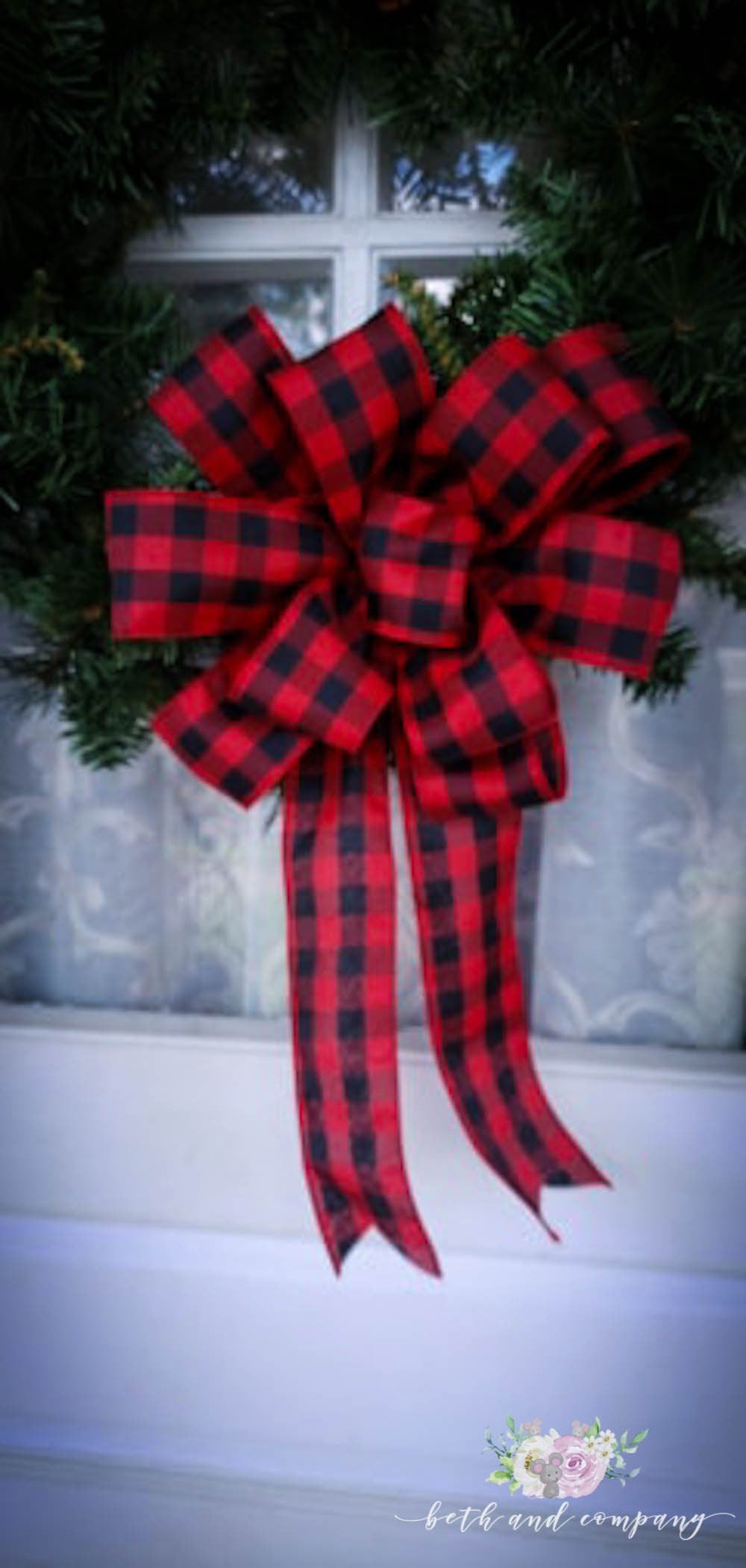 Red and Black Buffalo Plaid Wreath Bow, Thin Profile Bow, Christmas Lodge Wreath Bow, Rustic Wreath Bow, Mailbox Swag Bow