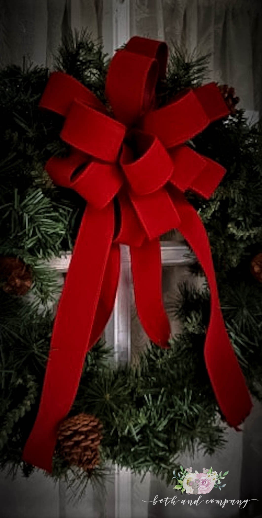 OUTDOOR Red Velvet Christmas wreath bow, Weatherproof Christmas Bow, 1.5" width wired red velvet with plastic liner
